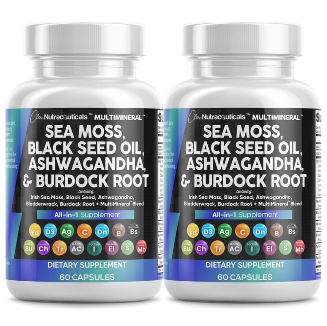 Sea Moss Shilajit Turmeric Black seed Ashwagandha Burdock vitamine c & Black Pepper Capsules
